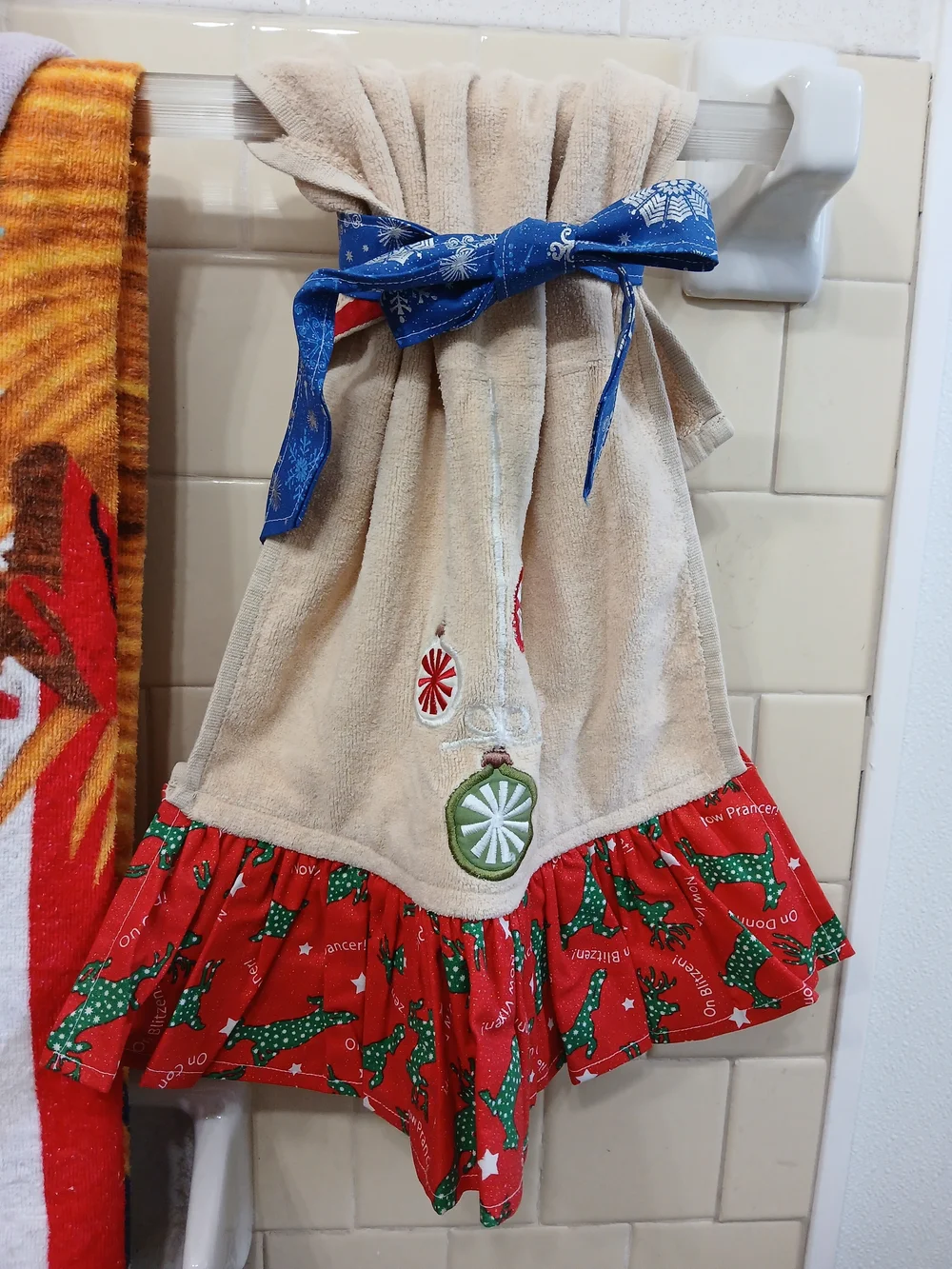 Orange Ruffle Kitchen Hand Towel with Printed Trim